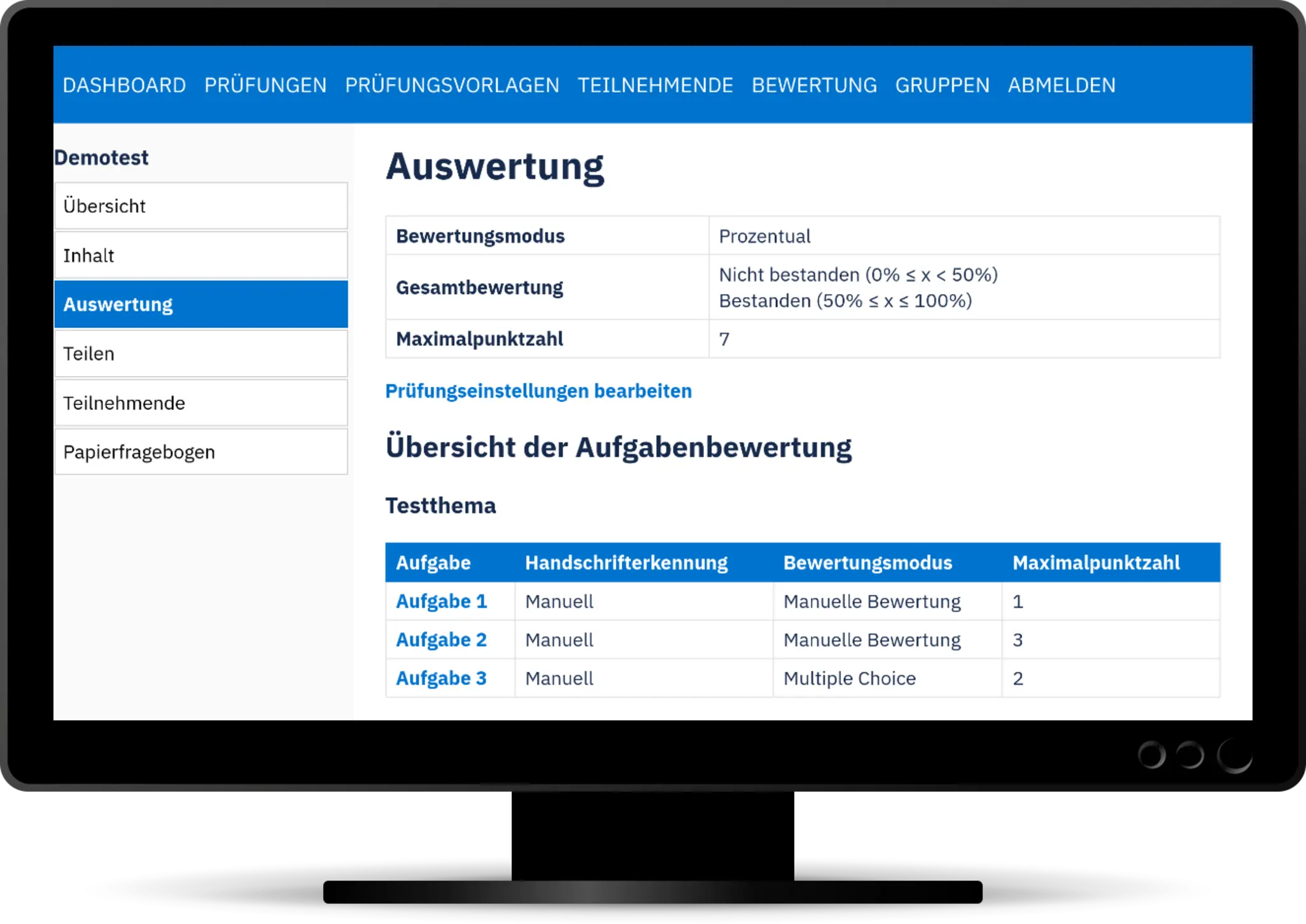 ExamAT-Auswertung mit Bewertungsübersicht