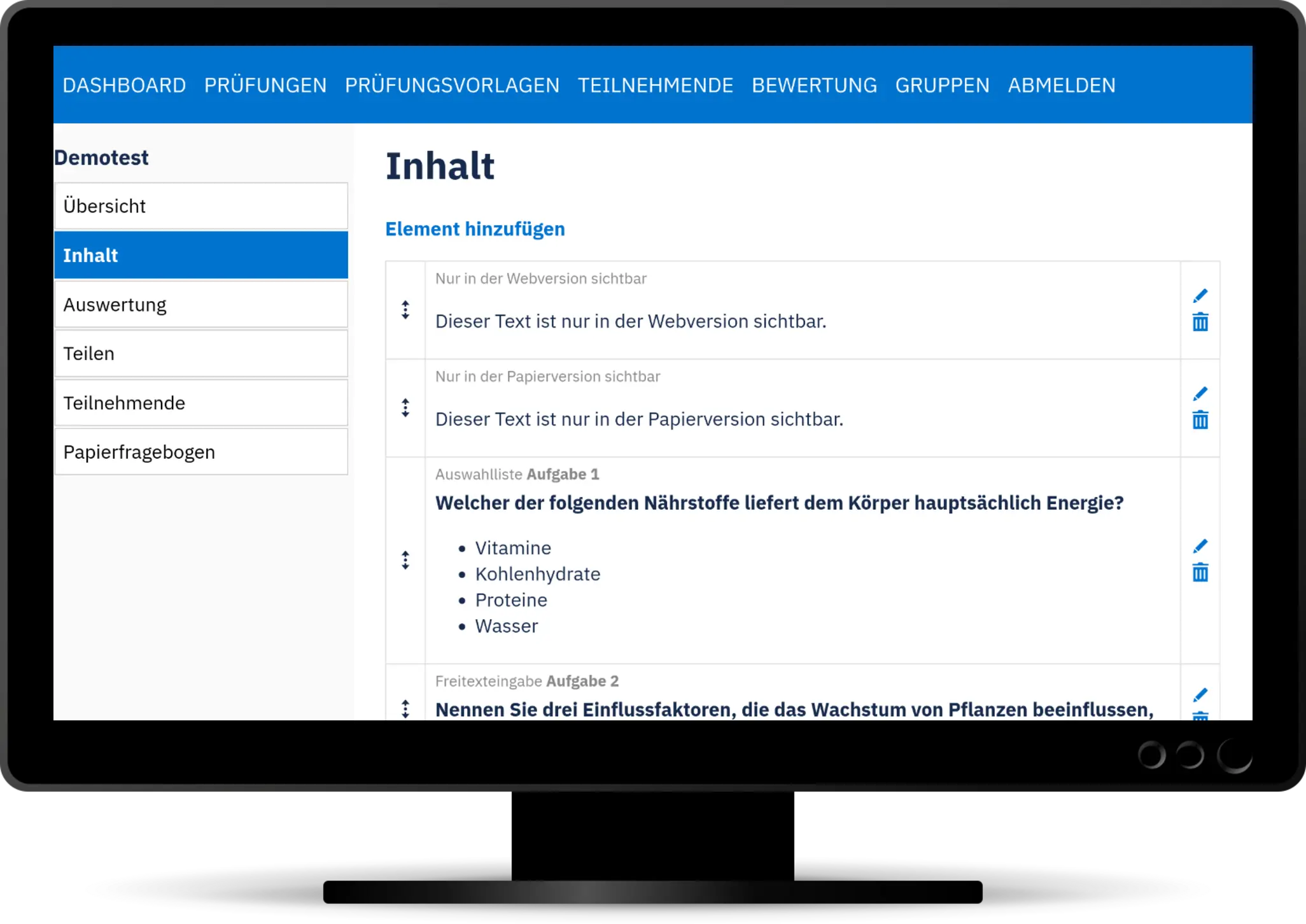ExamAT-Oberfläche zur Prüfungserstellung mit Fragenliste